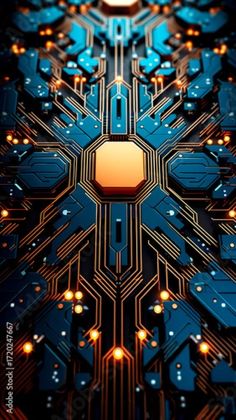 Fototapeta Complex Futuristic Circuit Board with a Central Processor. Technology Concept, Digital Engineering, AI Hardware.