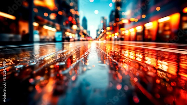 Fototapeta Abstract View of a Wet City Street at Night with Blurred Lights. Urban Scene, Nightlife Background, Modern City.
