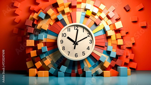 Fototapeta Abstract Clock Face with an Explosion of Colorful Blocks. Time Management, Creative Concept, Modern Design.