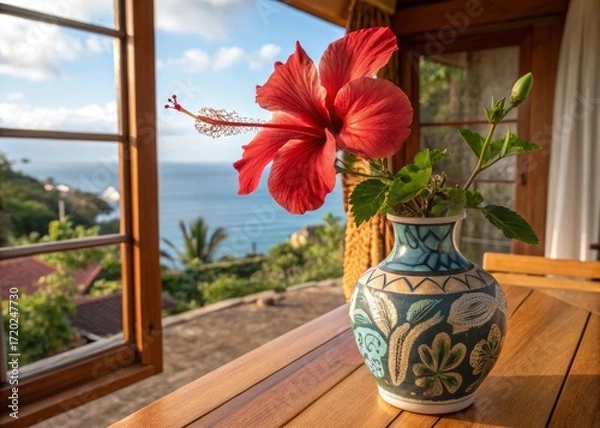 Fototapeta Arranging large red hibiscus flowers in a handpainted pottery vase tropical wooden setting beautiful floral display