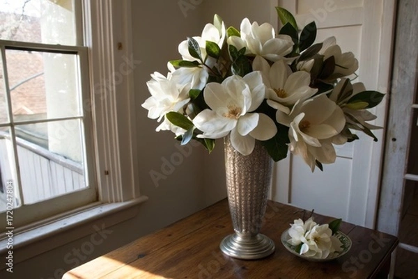 Fototapeta Elegant large white magnolia blooms in a tall vase by the window - a captivating floral display in natural light