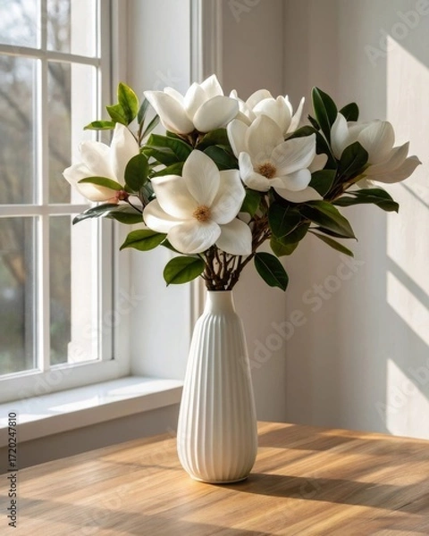 Fototapeta Elegant large white magnolia blooms in a tall vase by the window - a stunning floral arrangement in a bright environment