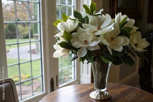 Fototapeta Captivating large white magnolia blooms in an elegant tall vase by the window enhancing home decor with graceful floral arrangements