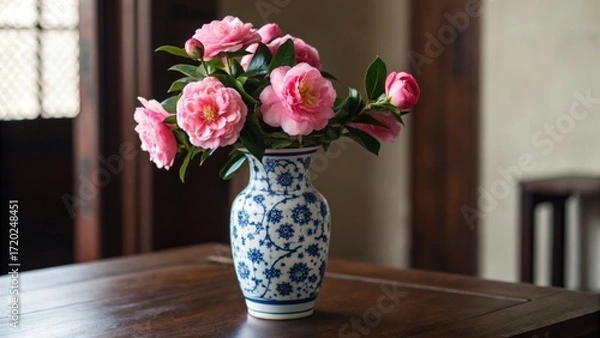 Fototapeta Elegant display of pink camellias in a traditional blue and white porcelain vase on a dark wooden table in a cozy home environment