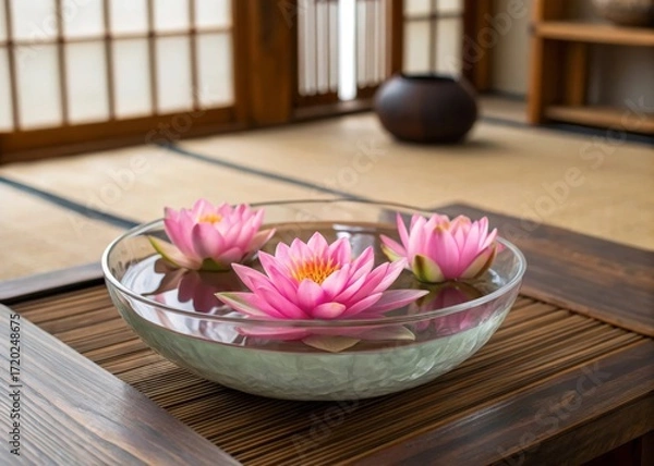 Fototapeta Captivating pink lotus flowers nestled in a shallow round glass bowl artistic display tranquil setting serene environment close-up view floral elegance