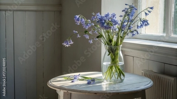 Fototapeta Arranging delicate soft bluebell flowers in a slim glass vase on a white painted table creating an airy atmosphere