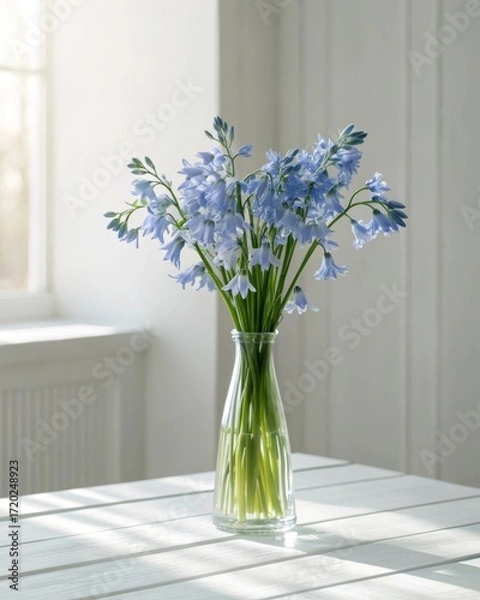 Fototapeta Delicate arrangement of soft bluebell flowers in a slim glass vase on a white-painted table capturing an airy and serene atmosphere