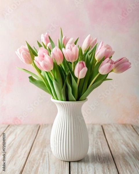Fototapeta Arranging soft pink tulips in a white ceramic vase for a stunning floral display in a stylish home environment - aesthetic viewpoint on elegant floral design