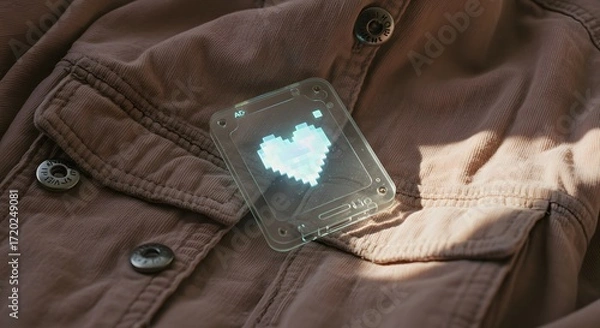 Fototapeta Digital Heart Hologram on Brown Jacket Pocket with Glowing Effect