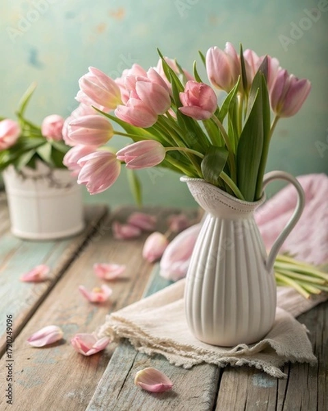 Fototapeta Arranging soft pink tulips in a white ceramic vase home decor floral arrangement indoor setting close-up view elegant design for your living space