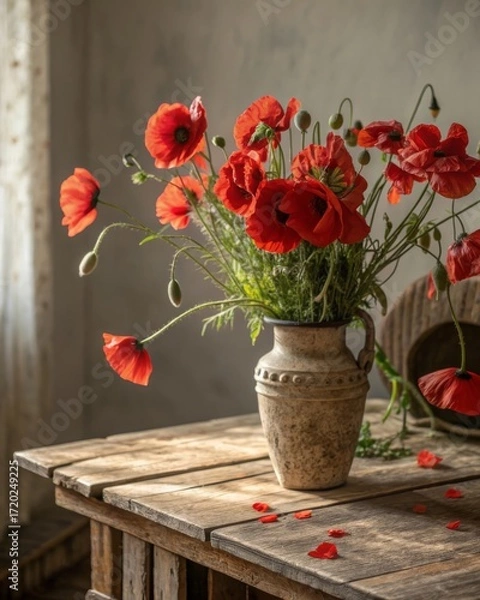 Fototapeta Vibrant red poppies in a rustic vase on a worn wooden table painterly still life photography soft diffused light environment captured from an artistic viewpoint