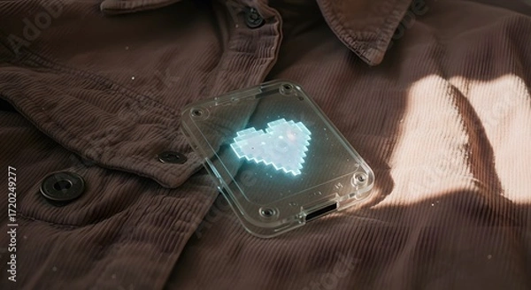 Fototapeta Futuristic Transparent Heart Icon on Casual Brown Jacket in Close Up