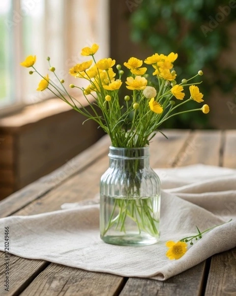 Fototapeta Arranging yellow buttercups in a clear jar of water on a rustic table with a linen cloth a creative display of nature indoor decor rustic charm floral inspiration