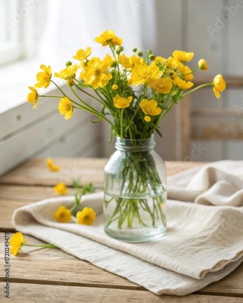 Fototapeta Arranging yellow buttercups in a clear jar of water on a rustic table with linen cloth capturing the beauty of nature in a serene home environment