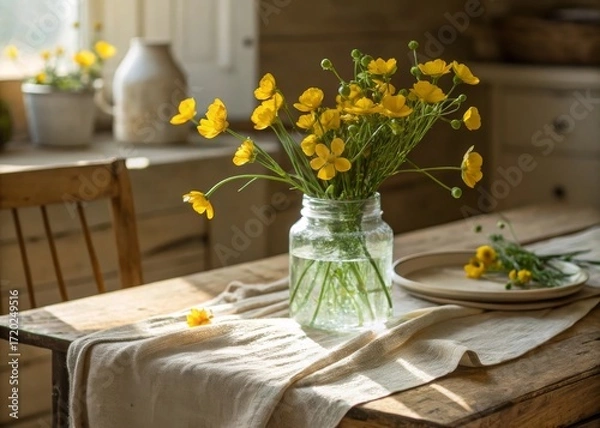 Fototapeta Arranging yellow buttercups in a clear jar of water on a rustic wooden table with a linen cloth for a charming floral display