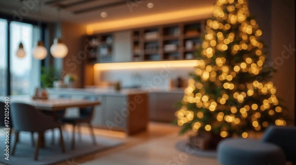 Fototapeta Blurred Christmas background with tree and lights warm comfortable cozy interior space decorated for holidays