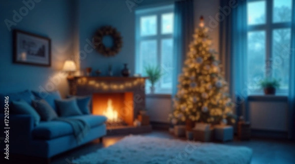 Fototapeta Blurred Christmas background with tree and lights warm comfortable cozy interior space decorated for holidays