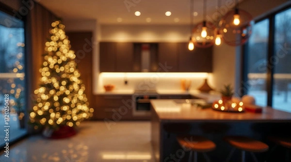 Fototapeta Blurred Christmas background with tree and lights warm comfortable cozy interior space decorated for holidays