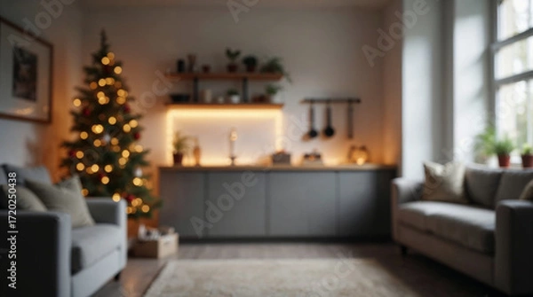 Fototapeta Blurred Christmas background with tree and lights warm comfortable cozy interior space decorated for holidays