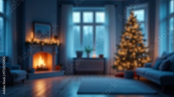 Fototapeta Blurred Christmas background with tree and lights warm comfortable cozy interior space decorated for holidays