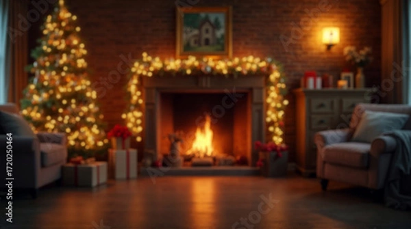 Fototapeta Blurred Christmas background with tree and lights warm comfortable cozy interior space decorated for holidays