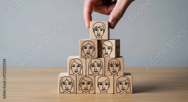 Obraz Hand stacking wooden blocks with diverse faces creating a pyramid symbolizing teamwork and community building