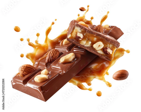 Fototapeta Delicious brown chocolate bars with nuts and coffee beans isolated on a white background.