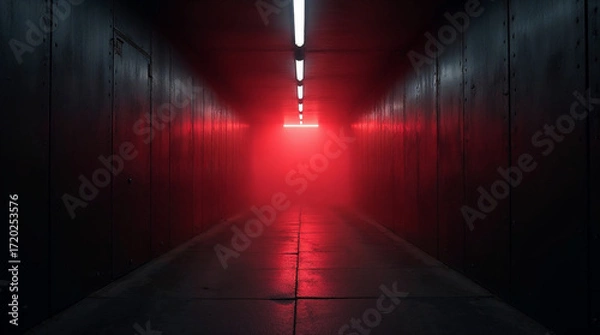 Fototapeta Red neon in concrete hallway with creepy lights and fog