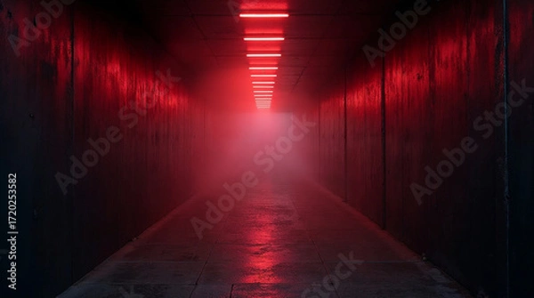 Fototapeta Red neon in concrete hallway with creepy lights and fog