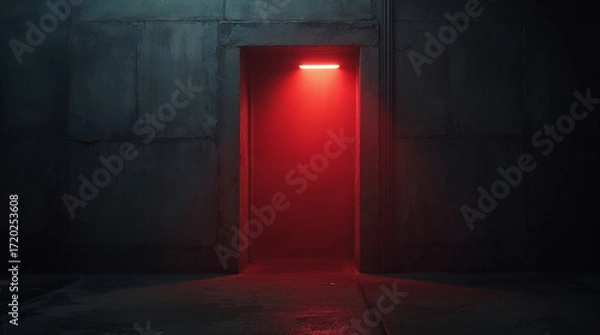 Fototapeta Red neon in concrete hallway with creepy lights and fog