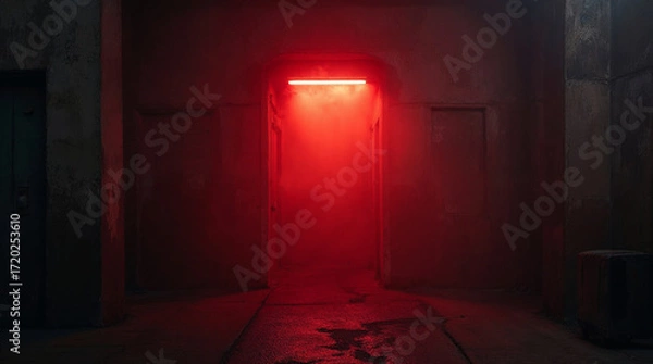 Fototapeta Red neon in concrete hallway with creepy lights and fog