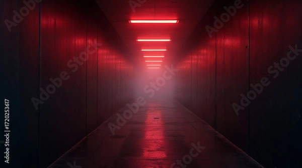 Fototapeta Red neon in concrete hallway with creepy lights and fog