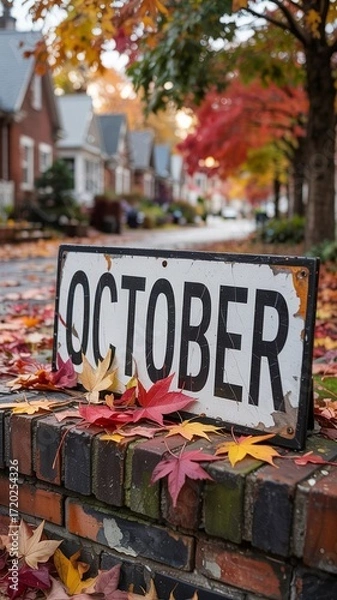 Fototapeta Autumn greeting of october: sign reading 'OCTOBER' amid fallen leaves against a colorful urban neighborhood