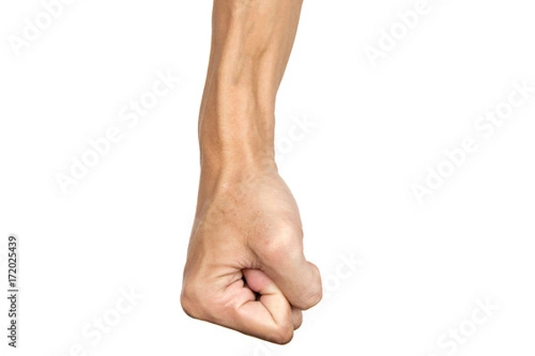 Fototapeta Man clenched fist to punch isolated on white background. Hand gesture. Clipping path.