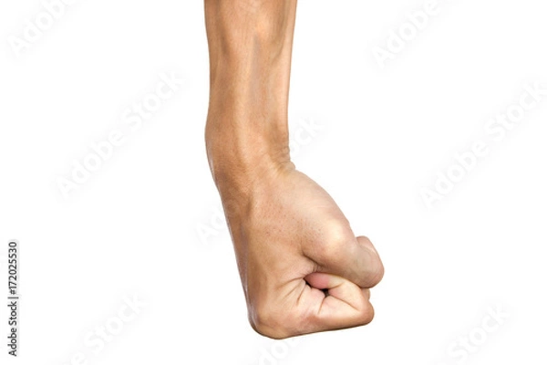 Fototapeta Man clenched fist to punch isolated on white background. Hand gesture. Clipping path.