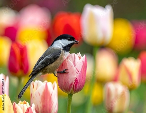 Fototapeta A chickadee feasting on a tulip