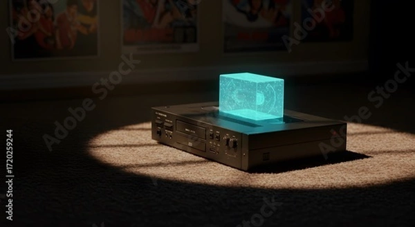 Fototapeta Futuristic Holographic Cube Display on Dark Electronic Device in Dim Lighting