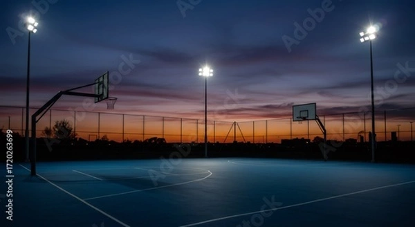 Fototapeta Outdoor illuminated blue basketball court at sunset. Empty sport playground with bright lights for athletic training. Healthy living concept.