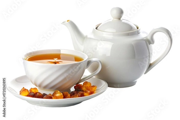 Fototapeta White Teapot and Swirl Cup with Amber Rock Candy on Saucer graphic design isolated on a transparent background