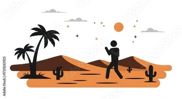 Obraz Desert Landscape with Person, Palm Trees, and Cacti A Vector Illustration for Travel and Adventure