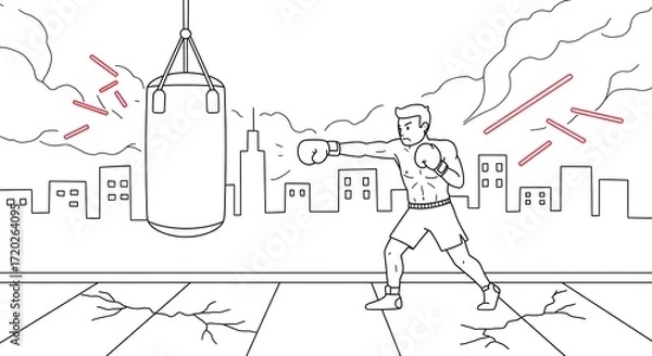 Obraz Line art illustration of a powerful boxer training with a punching bag on a city rooftop, showing strength and determination