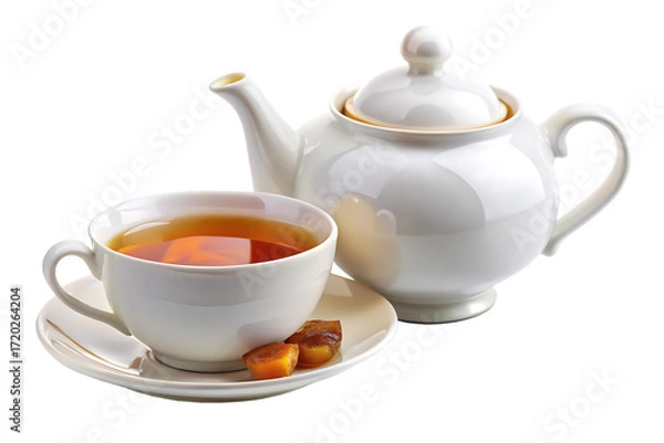 Fototapeta White Teapot and Swirl Cup with Two Amber Sugar Cubes on Saucer graphic design isolated on a transparent background