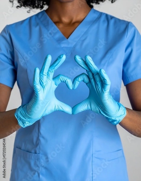 Fototapeta A person in a blue uniform makes a heart shape with their hands