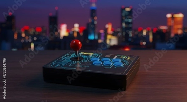 Fototapeta Futuristic Control Panel with Joystick and Circuitry on City Skyline Background