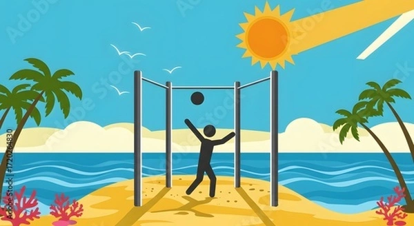 Obraz Beach Volleyball Fun A Stick Figure's Sunny Day Game with Palms and Seabirds
