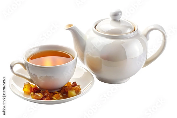 Fototapeta White Teapot and Cup with Amber Candies on Saucer call graphic isolated on a transparent background