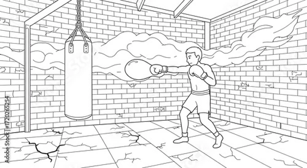 Obraz Boxer Training in a Brick-Walled Gym with a Punching Bag and Boxing Gloves Line Art