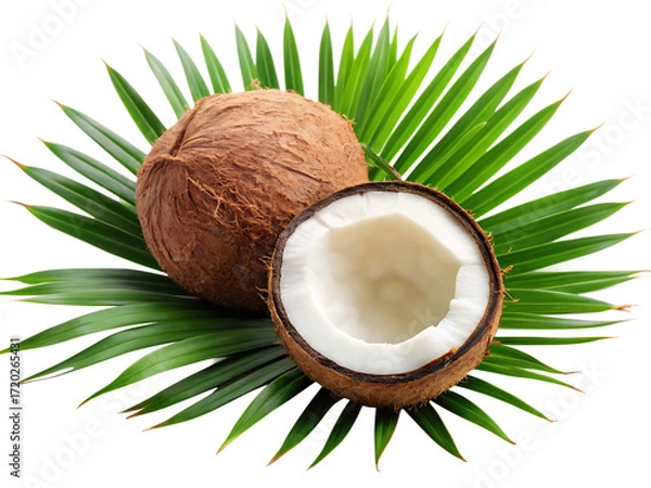 Fototapeta Whole and Halved Coconut on Green Palm Leaves Against coconuts whole coconut isolated on a transparent background