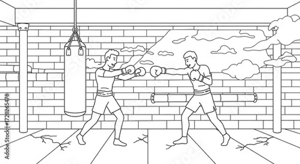 Obraz Line art featuring two male boxers training in a gym. One strikes a punching bag, the other practices a fighting stance. Perfect for sports coloring book activities