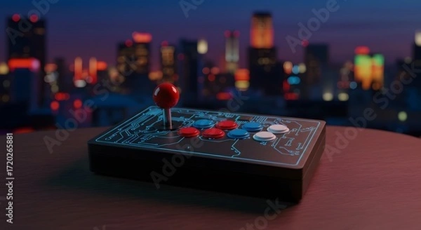 Fototapeta Vintage Arcade Game Controller with Joystick and Buttons on Table at Night with City Skyline